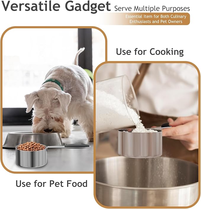 2PCS 1CUP(237ml) Dog Cat Food Scoop, Stainless Steel Measuring Cup, Metal Pet Scooper with Inner Precision Scale Measurement