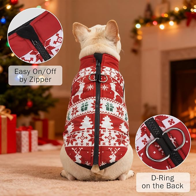 SCENEREAL Christmas Winter Dog Vest Coat with Harness Built in, Warm Puppy Jacket for Small Medium Dogs, Cold Weather Coat with Zipper, Fleece Puffer Vest Windproof Snow Clothes, M