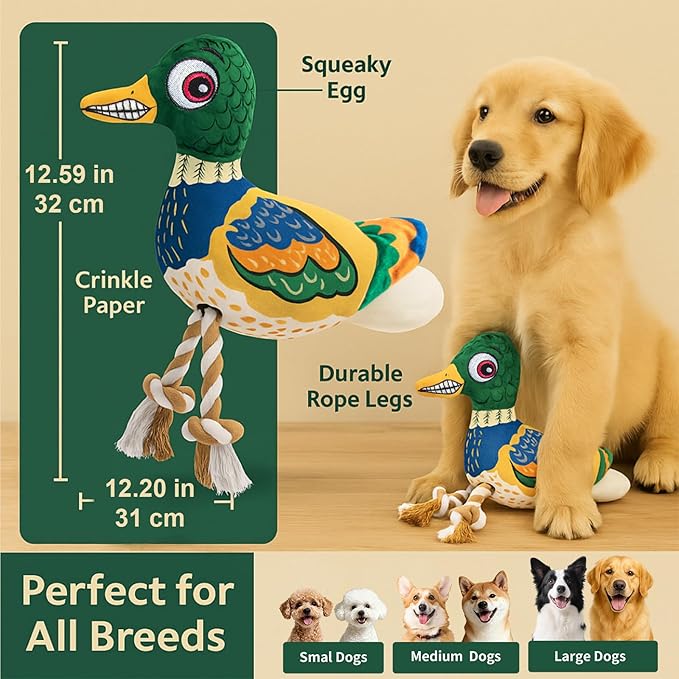 Duck Dog Toy – No Stuffing Durable Plush with Rope Legs & Crinkle Wings, Squeaky Duck Toy for Medium & Large Dogs, Tough Chew Toy for Interactive Tug & Fetch Play