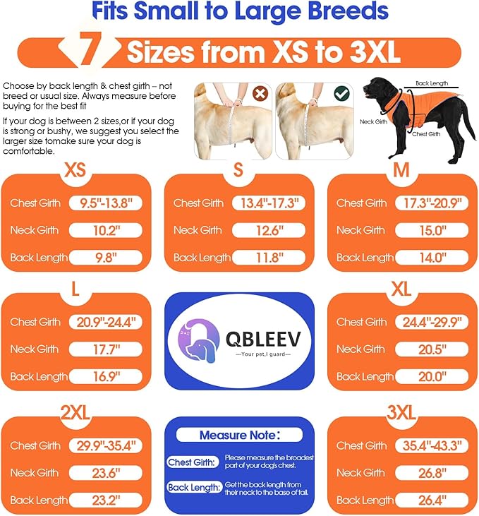 QBLEEV Reversible Dog Coat for Large Dogs, Waterproof Windproof Winter Jacket Keeps Big Breeds Warm & Dry, Adjustable Hook & Loop Puffer Vest, Orange, 3XL – Fits Labrador, Weimaraner, Great Dane