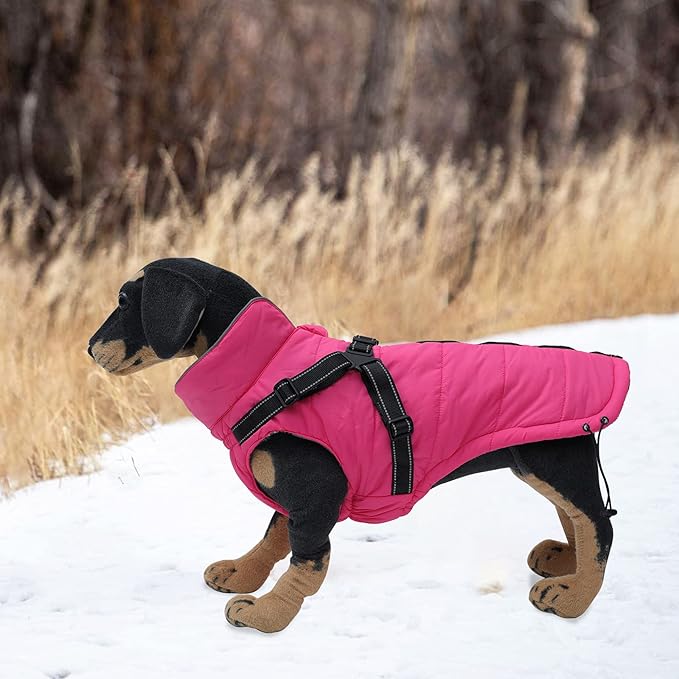 Winter Warm Coat Geyecete Waterproof Dog Jacket with Harness Traction Belt,Pet Outdoor Jacket Autumn and Winter Clothes for Medium, Small Dog-Pink-L