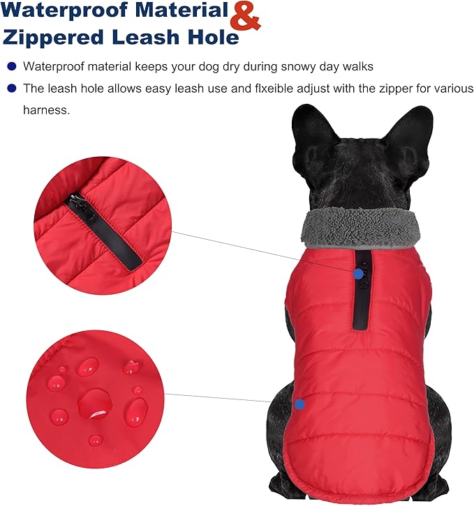 Dog Winter Coat, Waterproof Dog Jacket with Leash Hole, Reflective Adjustable Pet Snow Vest, Warm Fleece Sweater for Small Medium Large Dogs - Red, M