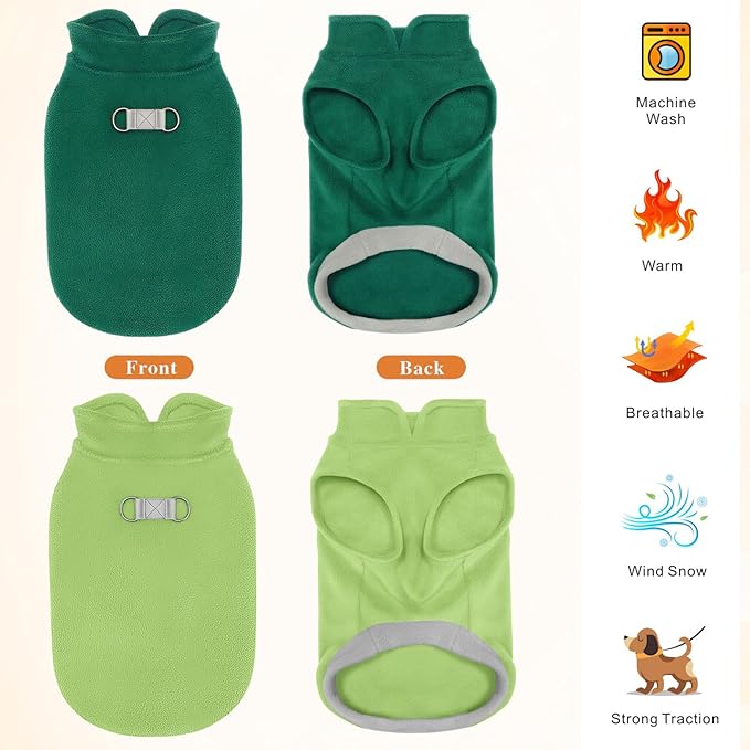 Idepet 2 Pack Dog Fleece Vest Sweater Warm Pullover Jacket with D-Ring Leash Reflective Winter Coat Hoodie for Bulldog Pug Chihuahuas Yorkies Dachshunds(Dark Green&Grass Green,X-Large-French Bulldog)