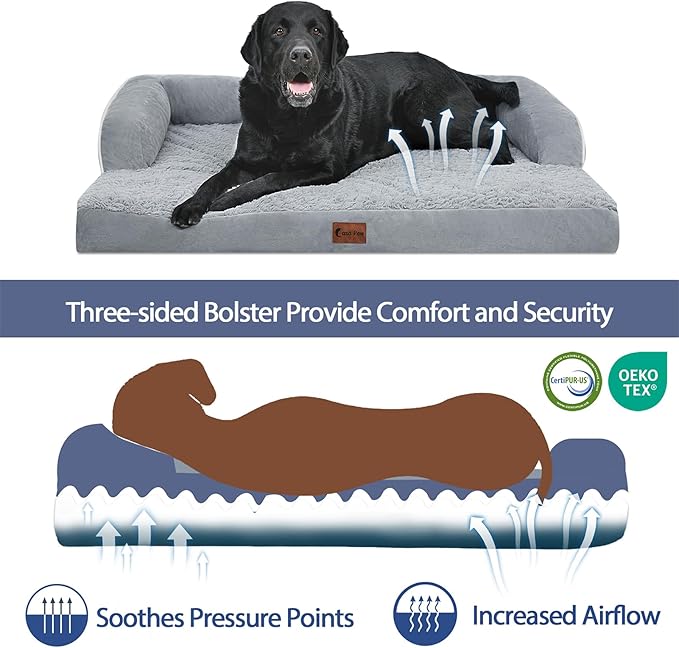 Orthopedic Dog Beds for Extra Large Dogs, Waterproof Egg Crate Foam XL Dog Bed with Sides 45 * 35Inch, Big Dogs Couch Beds with Removable Washable Cover and Nonskid Bottom, Grey