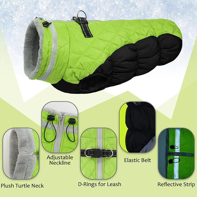 Lelepet Dog Coat Warm Dog Winter Coat Waterproof Dogs Jacket with Harness Built in Reflective Pet Fleece Vest Zip-Up Cold Weather Coats for Small Dogs Turtleneck & Windproof Coats Yorkie Lime S