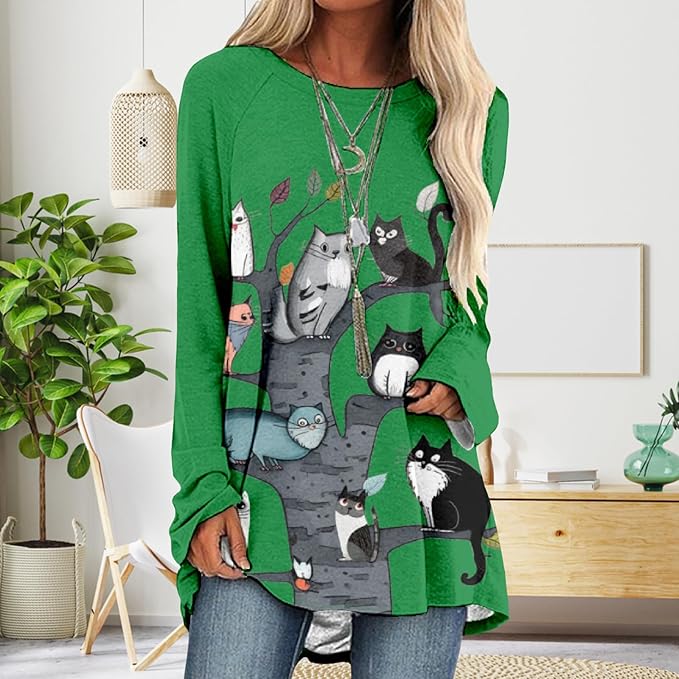Womens Tunic Shirt Cute Cat Print Long Sleeve Round Neck Women T Shirts Cotton Casual Plus Size Vacation Tunics Tops