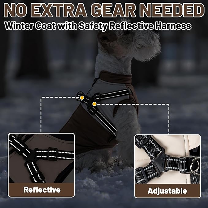 Dog Winter Coat for Small & Medium Dogs (Up to 31lb), Waterproof Dog Coat with Harness, Puppies Windproof Puppy Puffer Jacket, Snowsuit for Dachshund,Frenchie, Corgi (Classic Brown, Large)