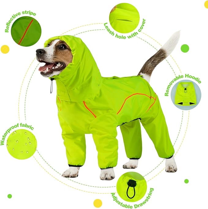 Dog Raincoat, Waterproof Dog Rain Jacket with Removable Hood，Adjustable 4 Legs Pet Poncho with Leash Hole，Reflective Stripe Hooded Snowproof Windproof Clothes for Small to 3X-Large Dogs, M