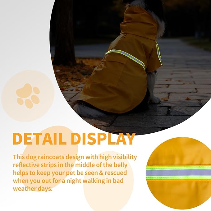 Dog Raincoat, Waterproof Windproof Dog Rain Jacket Adjustable, Rain Coat with Leash Hole, Reflective Strap Raincoat Poncho for Small Medium Large Dogs Outdoor (Reflection-Yellow, Large)