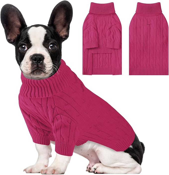 Small Dog Thermal Pullover Sweater, Classic Turtleneck Cable Knitwear Dog Clothes for Cold Weather Warm Pet Clothes for Chihuahua, Bulldog, Dachshund, Pug Hot Pink Medium