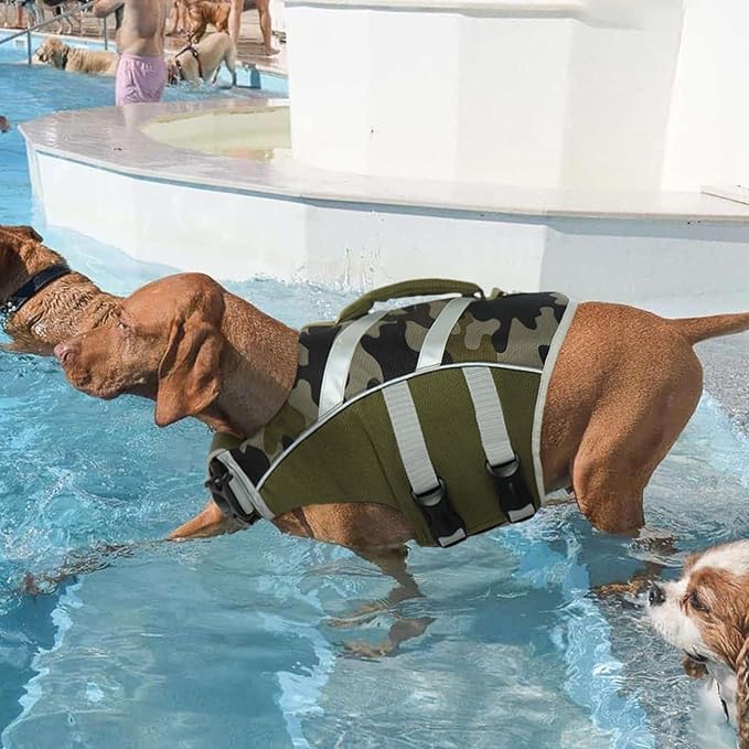 Kuoser Dog Life Jacket with Reflective Stripes - Adjustable High Visibility Vest, Ripstop Lifesaver, Pet Preserver with High Flotation Swimsuit for Small, Medium and Large Dogs