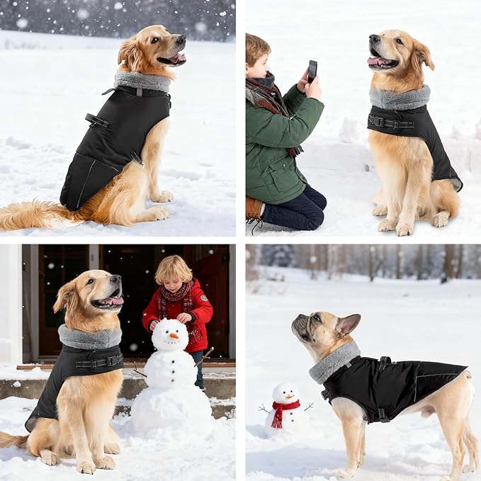 Mihachi Dog Coat for Medium Dogs, Warm Dog Winter Coat Waterproof Dogs Jacket with Harness Built in Reflective Pet Fleece Vest, Puppy Cold Weather Coats Turtleneck & Windproof Dogs Snowsuit, Black M
