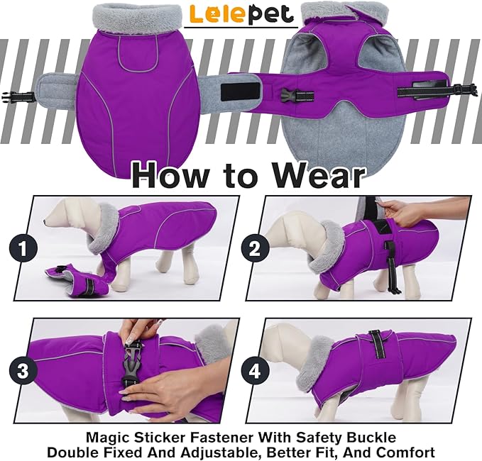Lelepet Warm Dog Winter Coats for Medium Dogs Waterproof Dog Jacket Reflective Pet Fleece Vest Windproof Cold Weather Coats with Adjustable Buckle & Leash Hole, Purple, M