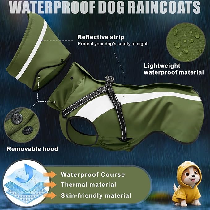 Mosucoirl Dog Raincoat Waterproof Raincoats for Dog Reflective Dogs Rain Jackets with Hood Hoodie Pet Rain Poncho Coat for Small Medium Large Dogs Puppies S-XXL (Green, XL)