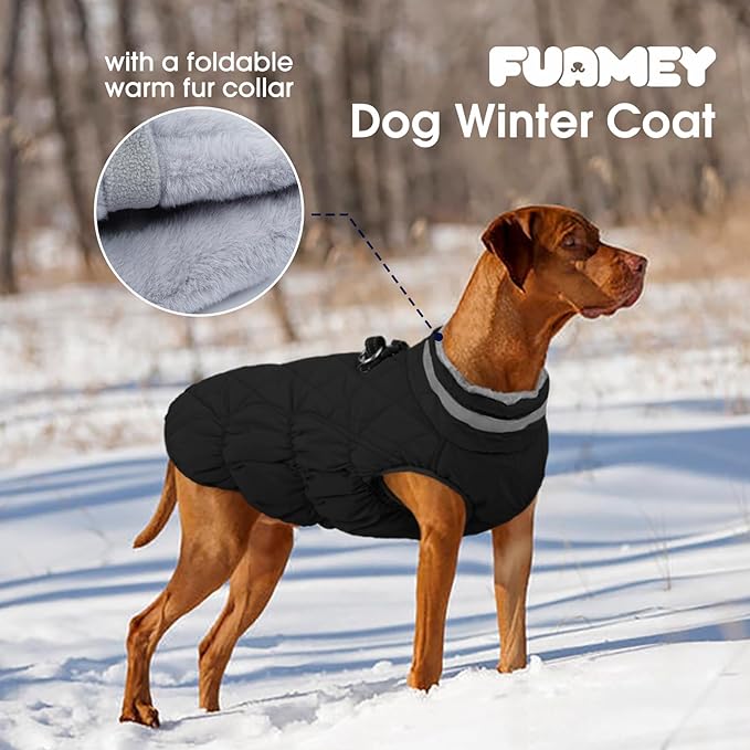 FUAMEY Dog Coat for Small Dogs,Waterproof Dog Winter Jacket with Harness Built in Puppy Cold Weather Coats Reflective Pet Vest with Zipper Warm Fleece Dogs Snowsuit Windproof Solid Black S