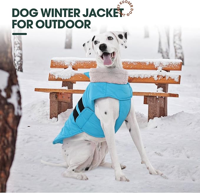Kuoser Large Dog Coat, Winter Waterproof Dog Jackets for Large Dogs, Doggie Vest with Leash Hole, Cold Weather Coats Pet Snow Jacket for Labrador Beagle, Blue XXL