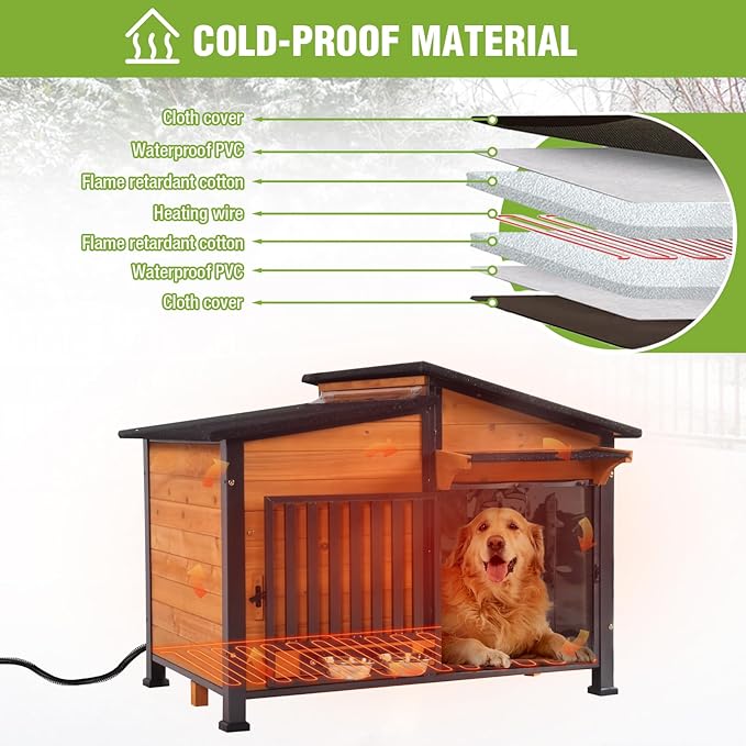 GUTINNEEN Heated Dog House Large Outdoor Insulated Dog Kennel Weatherproof Dog Shelter with Heated Pad, Insulated All-Round Thermal Liner, Chew-Proof Design for Dogs (Brown)