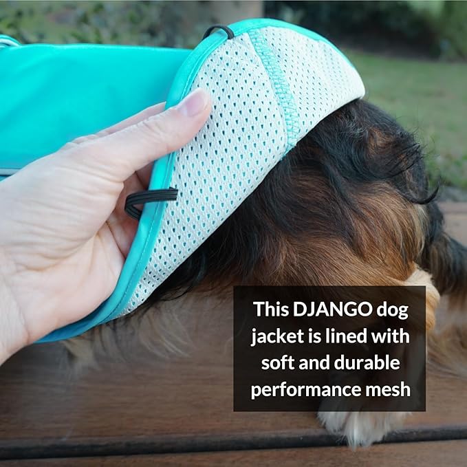 DJANGO Dog Jacket & Raincoat – Lightweight Water-Resistant Coat for Small, Medium & Long Dogs Like Dachshunds – Reflective, Adjustable Fit, Harness-Compatible & Easy-Access Harness Hole - Blue, Medium