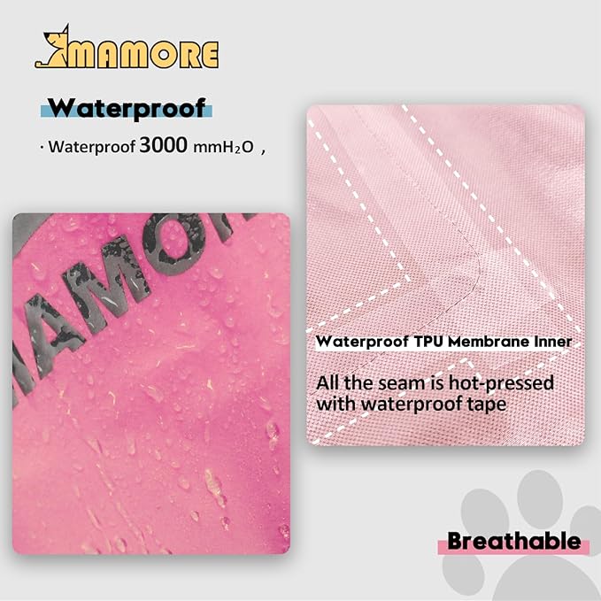 MAMORE Dog Raincoat Hooded Rain Jacket for Small Medium Large Dogs Slicker Poncho Bottom Waterproof Adjustable Reflective Breathable Leash Hole (Pink, Large)