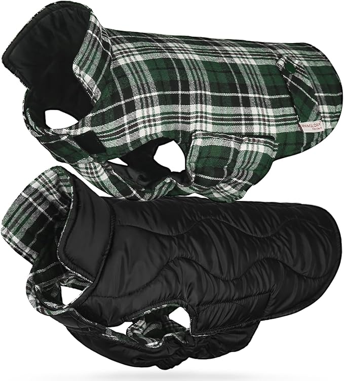 VIVAGLORY Softjoy Dog Coat, Dog Jacket for Winter & Christmas, Coat with Harness Hole & Velcro Closure, Reversible Plaid Checkered Warm Fluffy Heavy Duty for Puppy, XXS, Green
