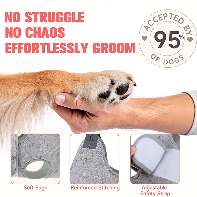 PAWCHIE Dog Grooming Hammock Harness for Dogs & Cats with Pet Nail Clipper Trimmer,Cat Hanger Sling for Trimming Clipping Nails,Warm Plush Dog Hammock Restraint Bag for Small Medium Large Dogs,Grey M