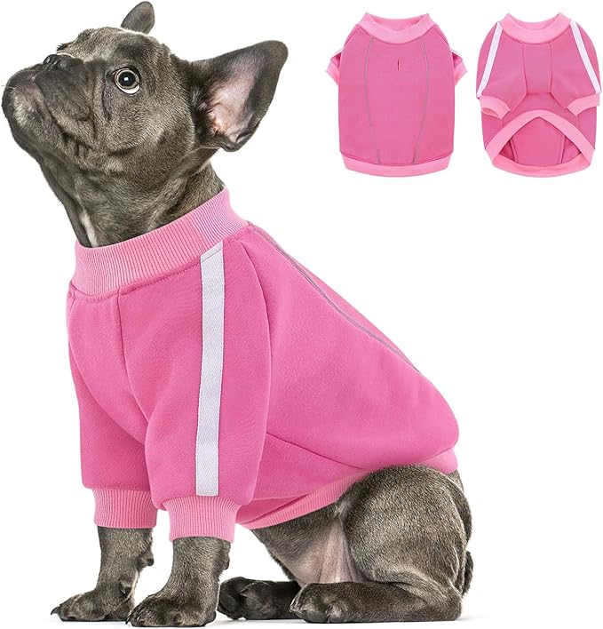 Queenmore Fleece Dog Sweater for Girl Dogs, Pullover Pink Dog Sweatshirt Sweatshirt with Leash Hole, Reflective Stripes – Cozy Winter Fleece Jacket for Small/Medium/Large Femal Puppy L