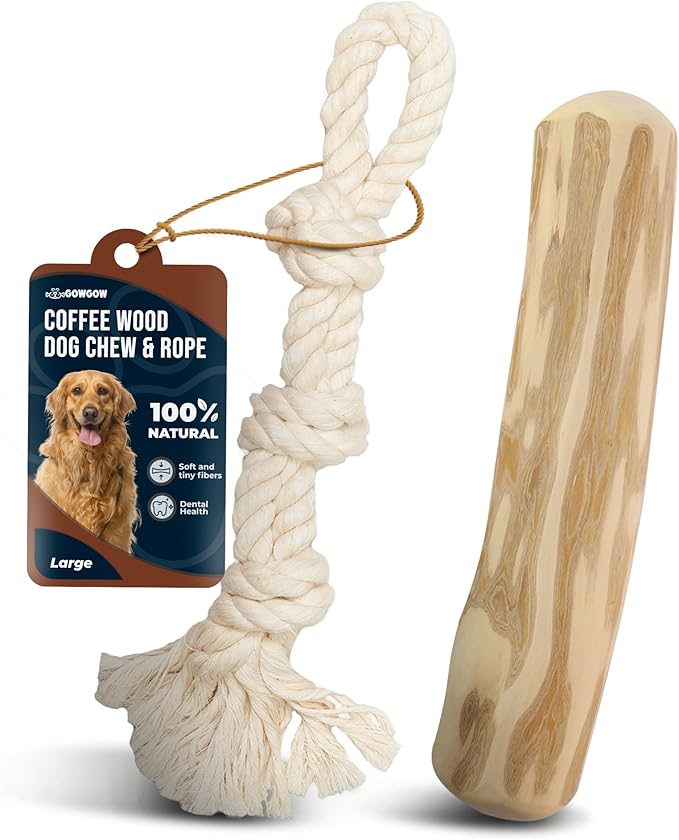 Coffee Wood Dog Chew and Natural Cotton Rope Toy for Regular Chewers - 100% Organic Wood Stick for Dog - Teeth Cleaning - Size L