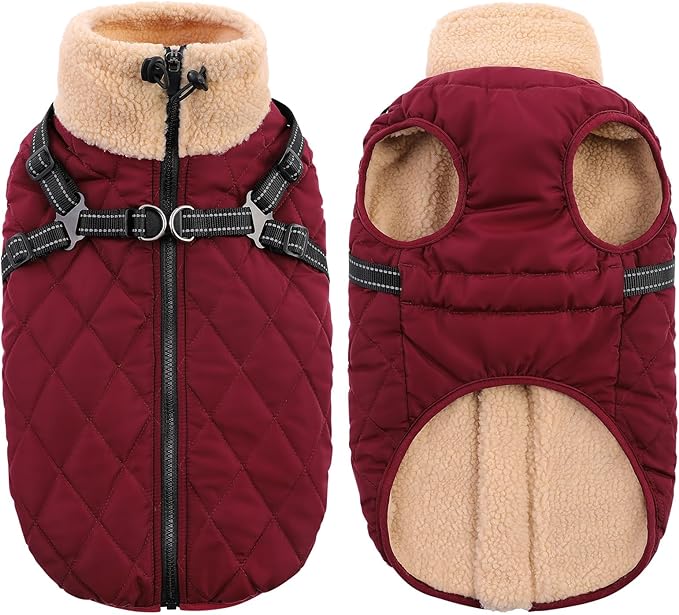 Queenmore Dog Winter Jacket, Dog Coats for Large Dogs, Warm Cozy Pet Jacket Winter with Harness Built in, Waterproof Pet Snow Jacket, Thick Fleece Lining Snowsuit for Large Dogs, Burgundy L