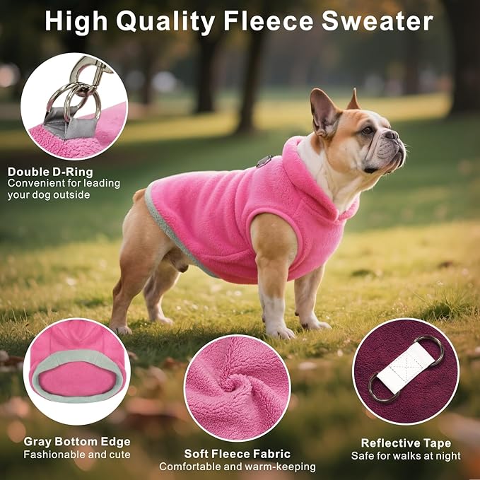 Idepet 2 Pack Dog Fleece Vest Sweater Warm Pullover Jacket with D-Ring Leash Reflective Winter Coat Hoodie for French Bulldog Pug Chihuahuas Yorkies Dachshunds(Red&Rose Red,XX-Large-French Bulldog)