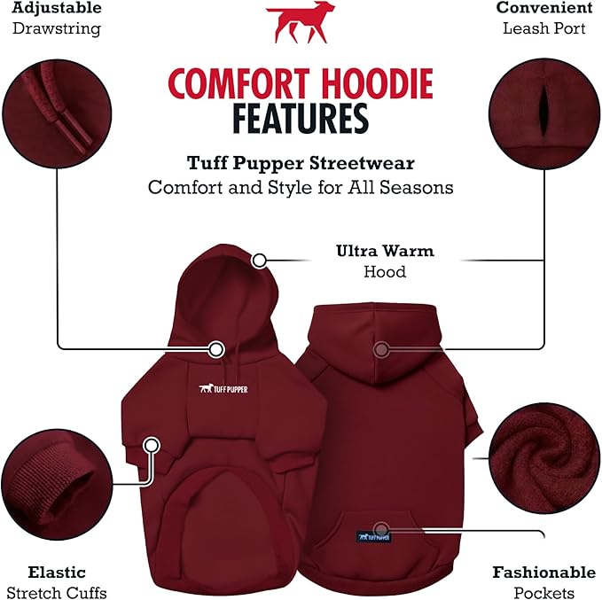 Tuff Pupper Dog Hoodie | Premium Quality 100% Organic Cotton | Ultra Soft Interior for Superior Comfort | Elastic Cuffs & Drawstring for Warmth | Stretch Fit Suitable for All Breeds (Red, XL)