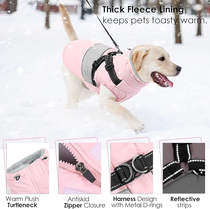 AOFITEE Small Dog Coat, Dog Winter Coat with Harness Built in, Warm Dogs Jacket with Zipper & Polar Fleece Collar, Waterproof Pet Snow Jacket Snowsuit for Schnauzer, Chihuahua Yorkshire, S