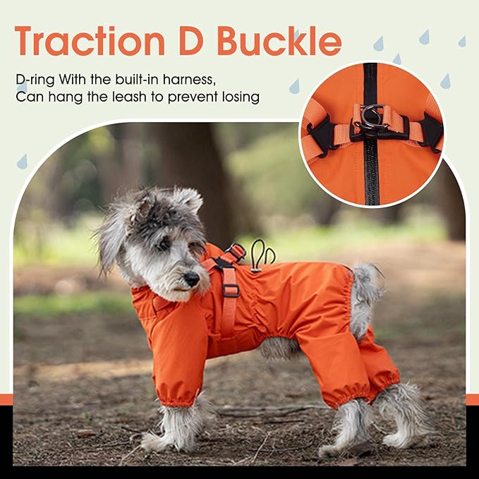 BRKURLEG Dog Raincoat for Small Dogs, Small Dog Rain Jacket with Harness Built in, Waterproof 4 Legs Pet Raincoats, Puppy Outdoor Jacket with Reflective Strip, Orange, XXL
