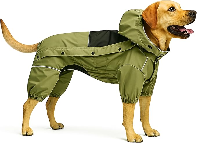 LOVELONGLONG Fleece-Lined Dog Raincoat with Removable Hood – Waterproof Winter Full Body Dog Jacket – Windproof Snowproof Cold-Weather Suit – Green-F M
