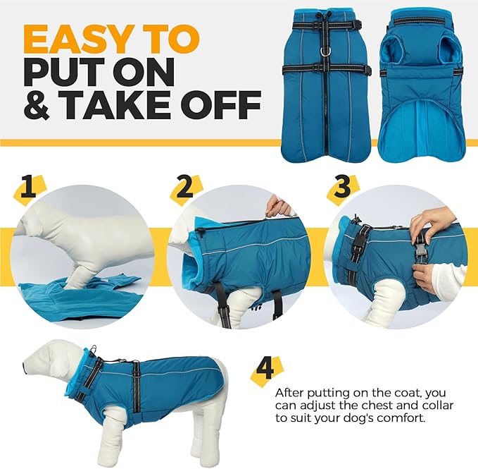 Lelepet Dog Coat for Large Dogs Waterproof Dog Jacket with Harness Built in Reflective Windproof Fleece Jacket with Zip Cold Weather Coats for Dogs,Thermal Outdoor Snowsuit, Weimaraner, Blue, XXL