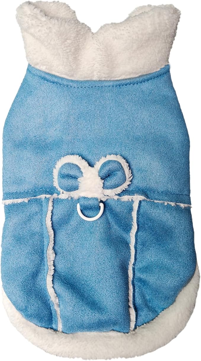 Jecikelon Bowtie Dog Cold Weather Coat Fleece Lining Warm Pet Puppy Turtleneck Dogs Winter Clothes for Small Dogs with D-Ring (Blue, Small)