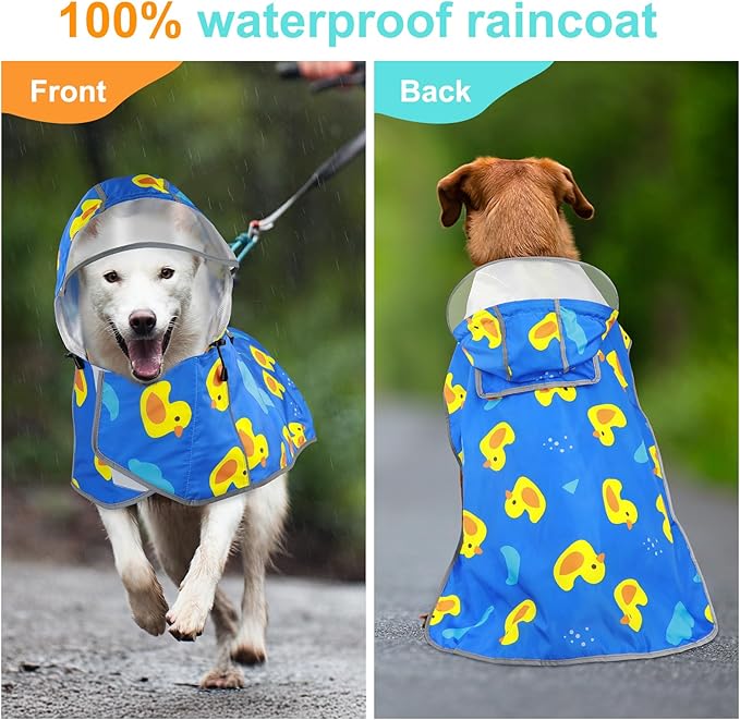 Dog Raincoat Waterproof Dog Rain Jacket Hooded Poncho with Leash Hole, Reflective Rain Coat with Storage Pocket for Large Dogs (Blue, Large)