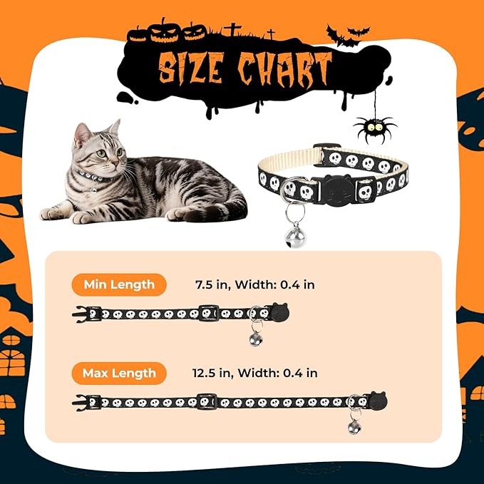 Halloween Cat Collar with Bell, Adjustable Comfortable Kitten Halloween Collar Breakaway, Skeleton Patterns Safety Holiday Cat Collars for Boys Girls,Kitten,Puppy Black (7.5"-12.5")