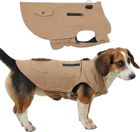 Workwear Style Dog Coats with Harness Built in for Small Dogs Windproof Warm Puppy Jacket with Storage Pockets for Cold Winter,LightBeige XL