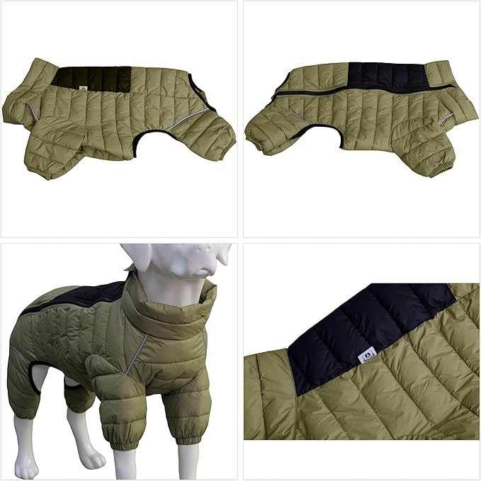Warm Coat, 4 Legs Covered Waterproof Windproof Reflective Jacket, Zippered Adjustable Outdoor Snow Vest for Small Medium Large Dogs, Olive Green XXXL