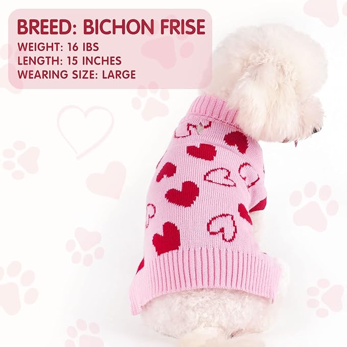 cyeollo Dog Valentines Sweater Heart Pattern Pullover Turtleneck with Leash Hole Holiday Theme Outfit Pet Apparel Sweaters for Small to Medium Dogs Pink