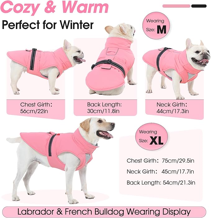 Extra Large Dog Coat, Warm Dog Winter Jacket, Waterproof Dogs Snowsuit with Foldable High Collar, Reflective Strips, Adjustable Hook & Loop Closure - Ideal for Cold Weather - Pink 5XL