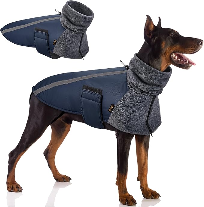 SlowTon Winter Dog Coat, Warm Polar Fleece Lining Doggie Outdoor Jacket with Turtleneck Scarf Reflective Stripe Adjustable Waterproof Windproof Puppy Vest Soft Pet Outfits (L,Dark Blue)