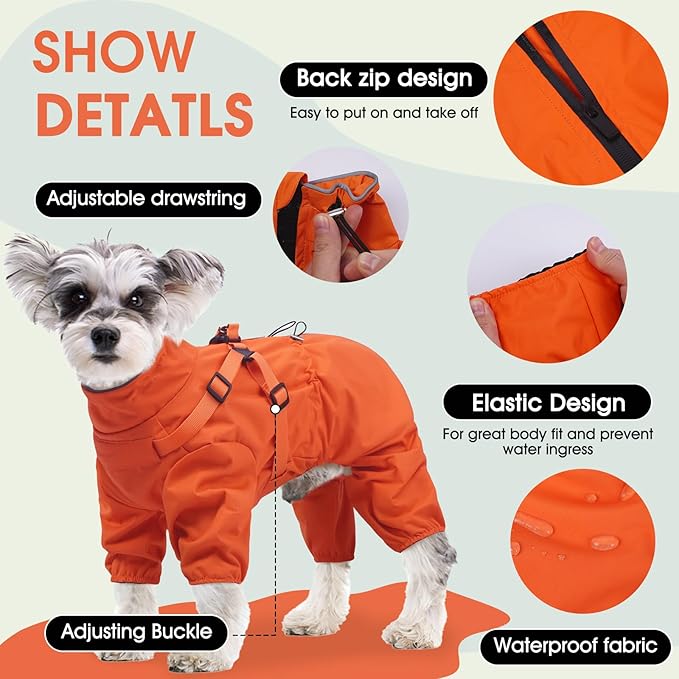 BRKURLEG Dog Raincoat for Small Dogs, Small Dog Rain Jacket with Harness Built in, Waterproof 4 Legs Pet Raincoats, Puppy Outdoor Jacket with Reflective Strip, Orange, S
