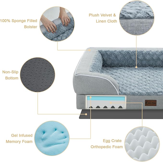 Orthopedic XXL Dog Beds, Waterproof Memory Foam Big Pet Bed for Extra Large Sized Dogs 53x42Inch, Non-Slip Bottom and Egg-Crate Foam Dog Couch Bed with Washable Removable Cover, Light Grey