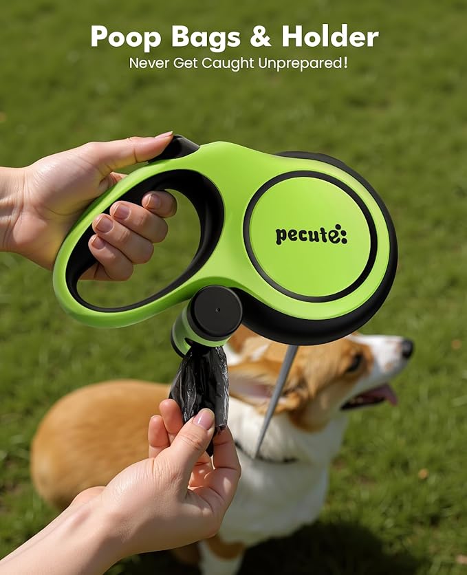 Retractable Dog Leash with Chew Proof Extender, 26ft Heavy Duty Retractable Pet Leash with Poop Bag Holder, Anti-Slip Grip, Reflective Leashes for Medium Large Pets up to 110 lbs(Green)