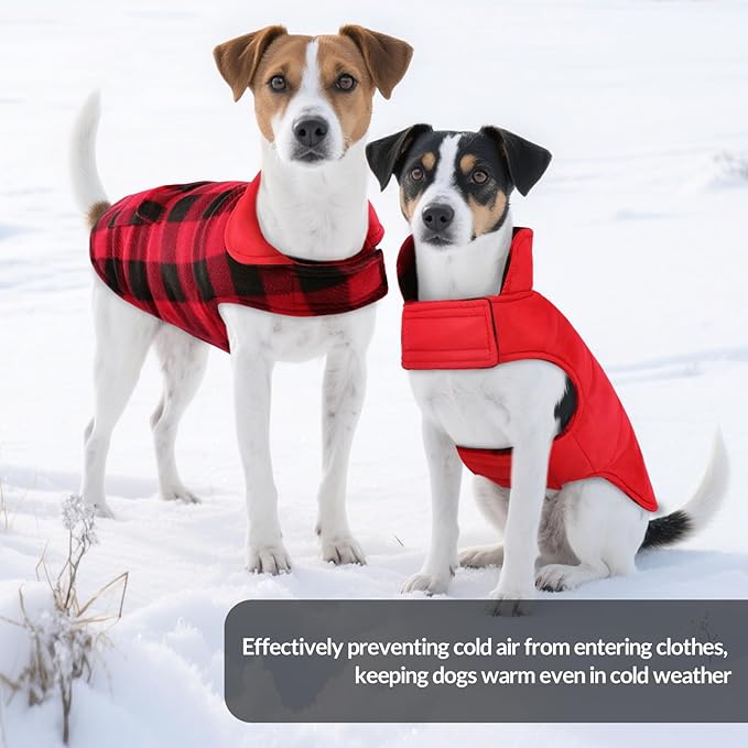 ASENKU Dog Winter Coat, Fleece Doggie Jacket Plaid Reversible Vest Waterproof Windproof Cold Weather Clothes for Small Medium Large Dogs(Red S)