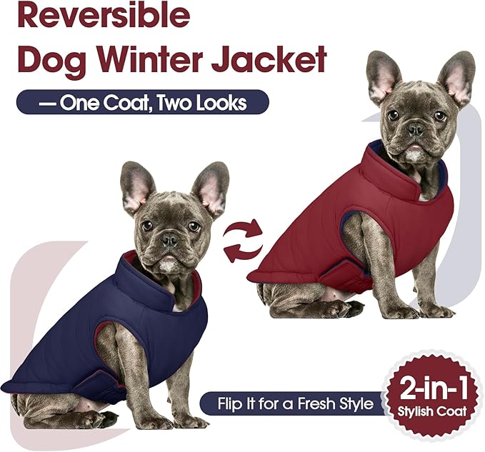 QBLEEV Reversible Dog Jacket for Small Dogs, Waterproof Windproof Warm Winter Coat with Adjustable Fit & Leash Hole, Lightweight Reversible Puffer Vest, Wine Red, S – Fits Yorkie, Shih Tzu