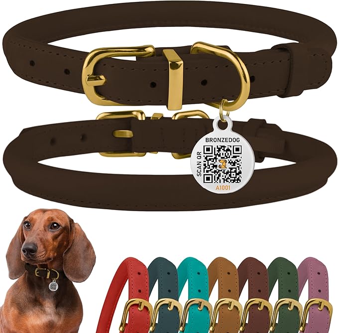 BronzeDog Rolled Leather Dog Collar with QR ID Tag, Adjustable Soft Round Collars for Small Medium Large Dogs Puppy (9" - 11" Neck Size, Brown)