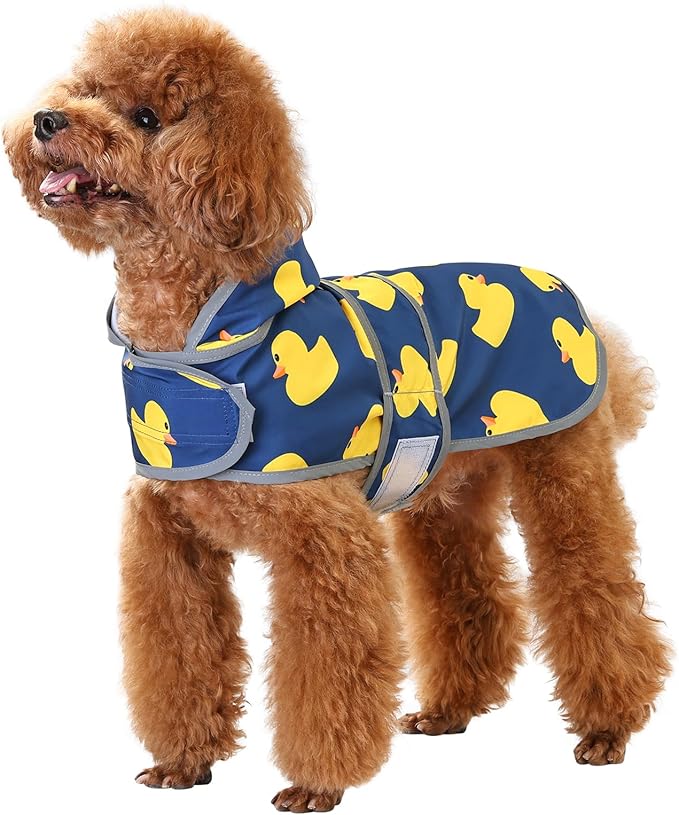 Dog Raincoat for Small Dogs Puppies Waterproof Hooded Rain Jacket with Reflective Strips Leash Hole & Poncho Adjustable Fit (Duck,S)