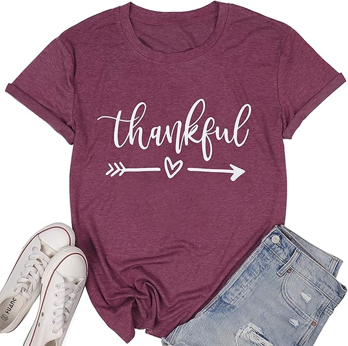 NIUBIA Women's T Shirts Summer Tops Simple Heart Graphic Shirts Sayings Short Sleeve Vacation Casual Blouse Thankful Tee